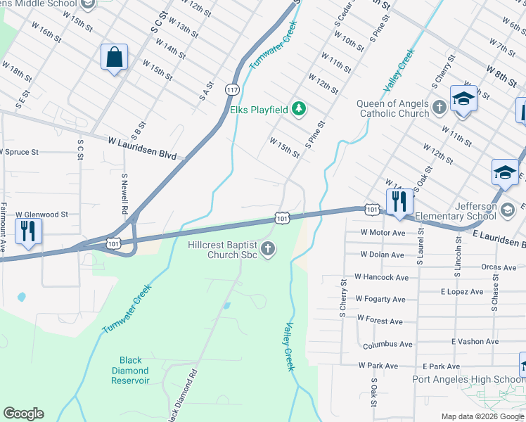 map of restaurants, bars, coffee shops, grocery stores, and more near 1914 South Pine Street in Port Angeles