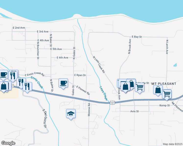 map of restaurants, bars, coffee shops, grocery stores, and more near 2515 East Ryan Drive in Port Angeles