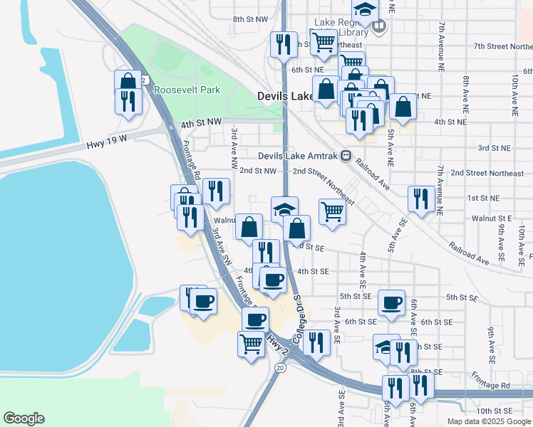 map of restaurants, bars, coffee shops, grocery stores, and more near 117 Walnut Street West in Devils Lake