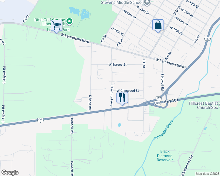 map of restaurants, bars, coffee shops, grocery stores, and more near 4222 South Fairmont Avenue in Port Angeles