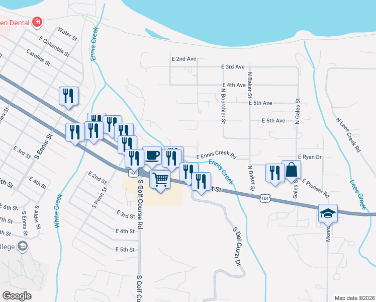 map of restaurants, bars, coffee shops, grocery stores, and more near 2045 East Ennis Creek Road in Port Angeles