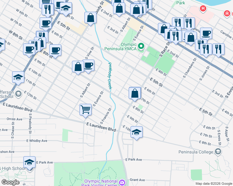 map of restaurants, bars, coffee shops, grocery stores, and more near 727 East 8th Street in Port Angeles