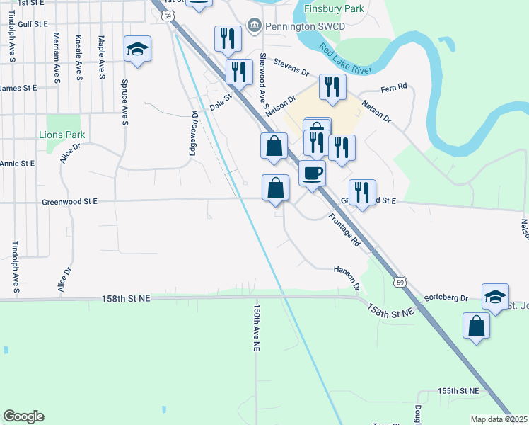 map of restaurants, bars, coffee shops, grocery stores, and more near 1602 Greenwood Street East in Thief River Falls