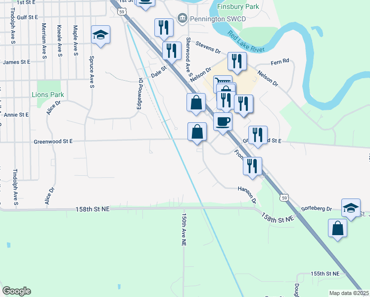 map of restaurants, bars, coffee shops, grocery stores, and more near 1602 Greenwood Street East in Thief River Falls