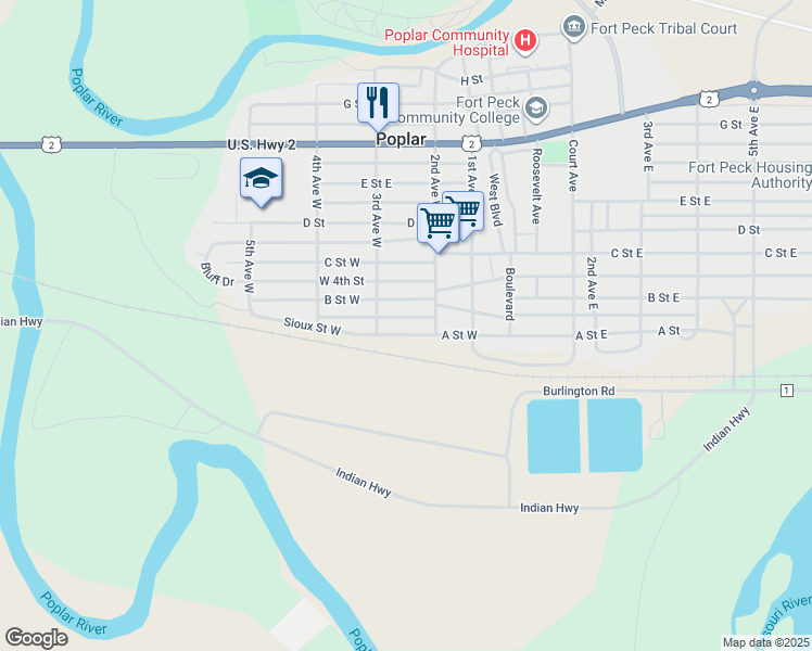 map of restaurants, bars, coffee shops, grocery stores, and more near 209 A Street West in Poplar