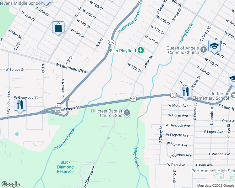 map of restaurants, bars, coffee shops, grocery stores, and more near 598 West Edgewood Place in Port Angeles