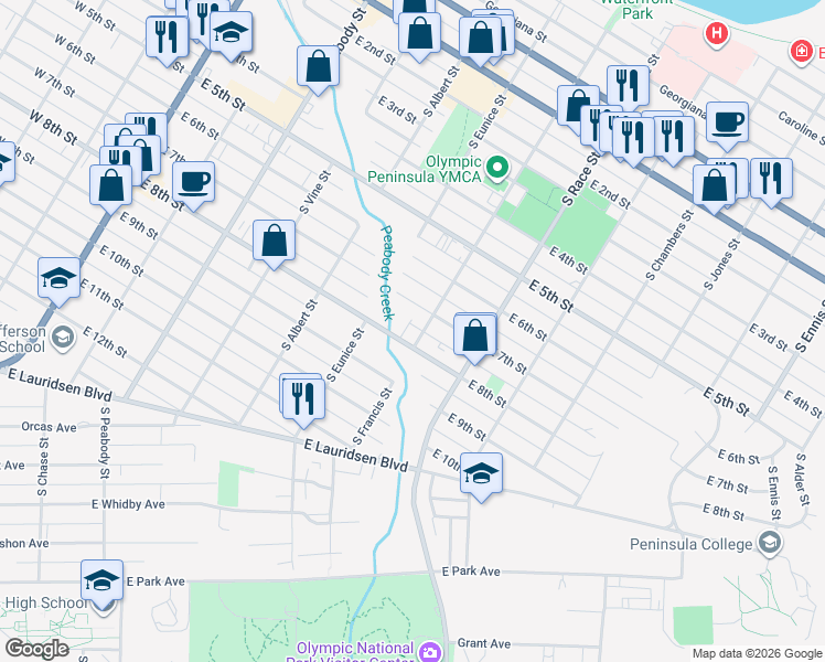 map of restaurants, bars, coffee shops, grocery stores, and more near 727 East 8th Street in Port Angeles