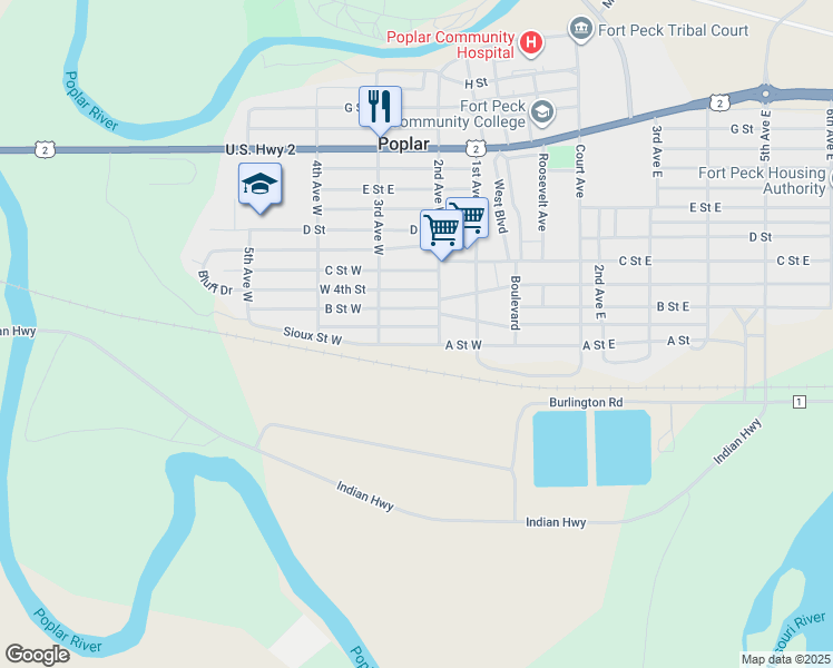 map of restaurants, bars, coffee shops, grocery stores, and more near 209 A Street West in Poplar