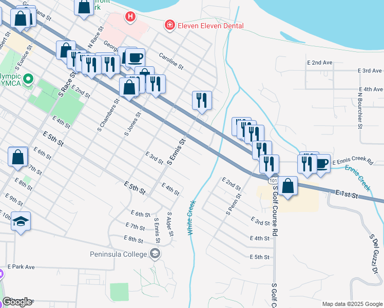 map of restaurants, bars, coffee shops, grocery stores, and more near 1421 East 2nd Street in Port Angeles