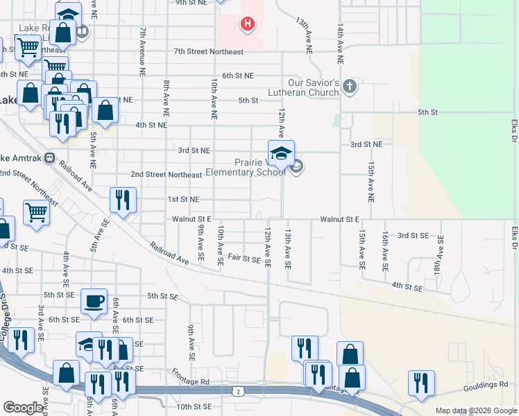 map of restaurants, bars, coffee shops, grocery stores, and more near 1107 Walnut Street East in Devils Lake