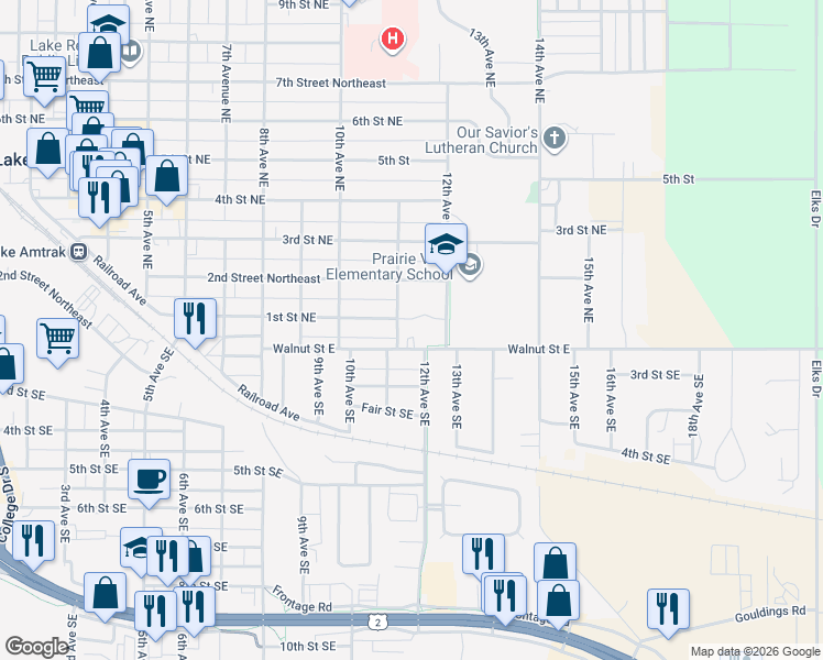 map of restaurants, bars, coffee shops, grocery stores, and more near 1107 Walnut Street East in Devils Lake