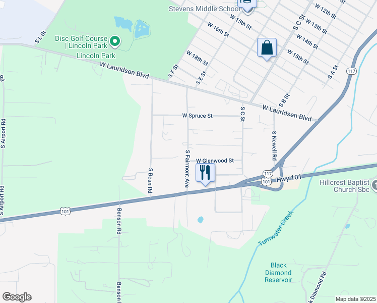 map of restaurants, bars, coffee shops, grocery stores, and more near 4222 South Fairmont Avenue in Port Angeles