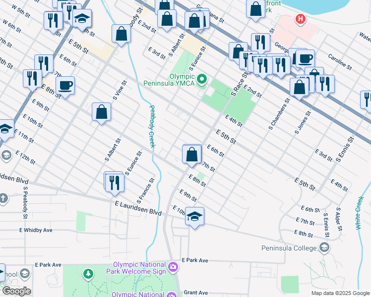map of restaurants, bars, coffee shops, grocery stores, and more near 817 East 7th Street in Port Angeles