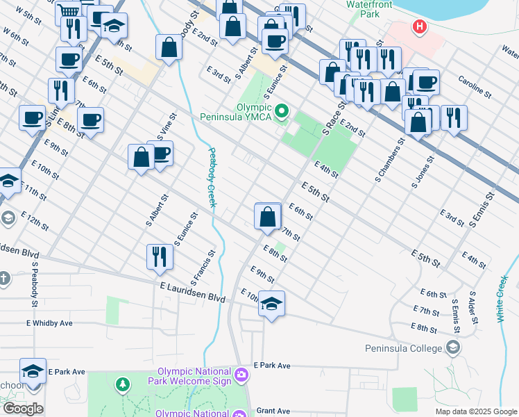 map of restaurants, bars, coffee shops, grocery stores, and more near 817 East 7th Street in Port Angeles