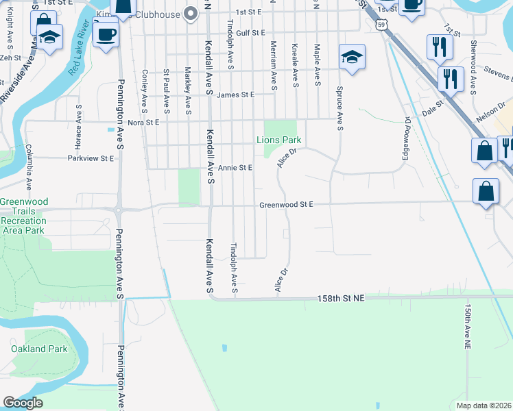 map of restaurants, bars, coffee shops, grocery stores, and more near 1006 Greenwood Street East in Thief River Falls
