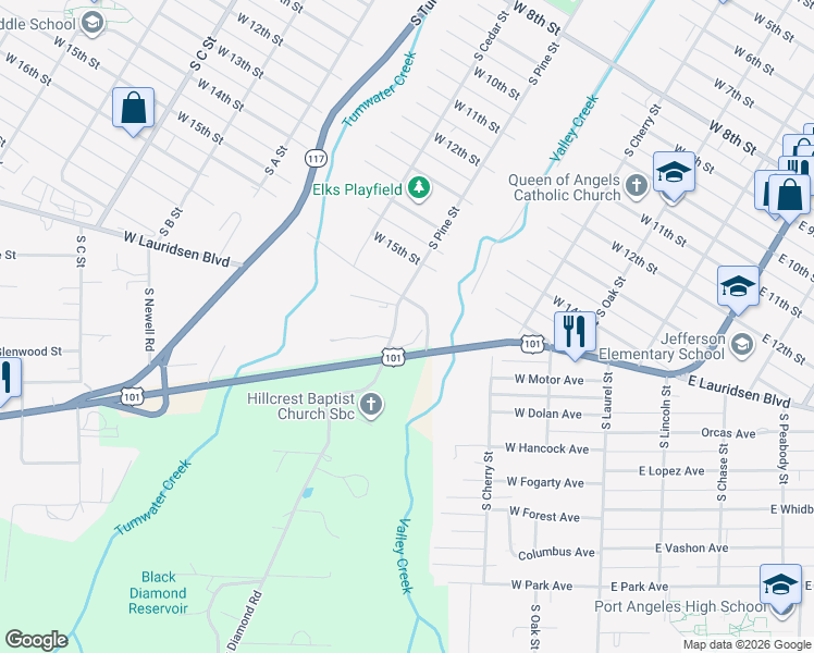 map of restaurants, bars, coffee shops, grocery stores, and more near 1927 South Pine Street in Port Angeles