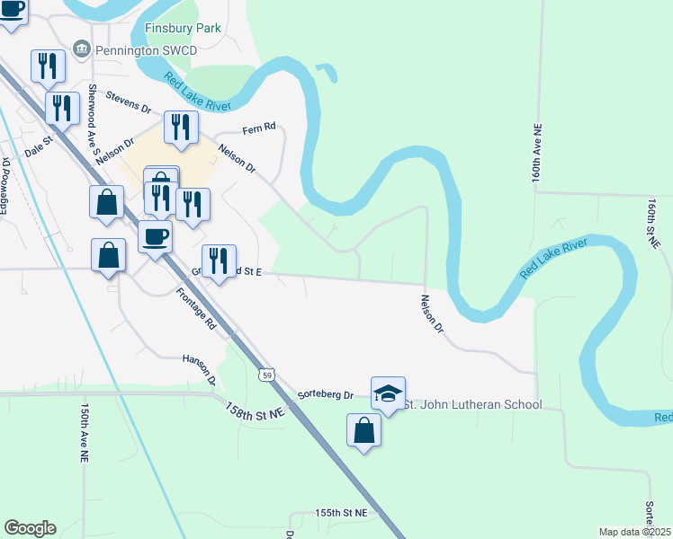map of restaurants, bars, coffee shops, grocery stores, and more near 2020 Greenwood Street East in Thief River Falls