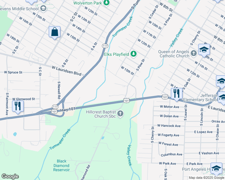 map of restaurants, bars, coffee shops, grocery stores, and more near 598 West Edgewood Place in Port Angeles