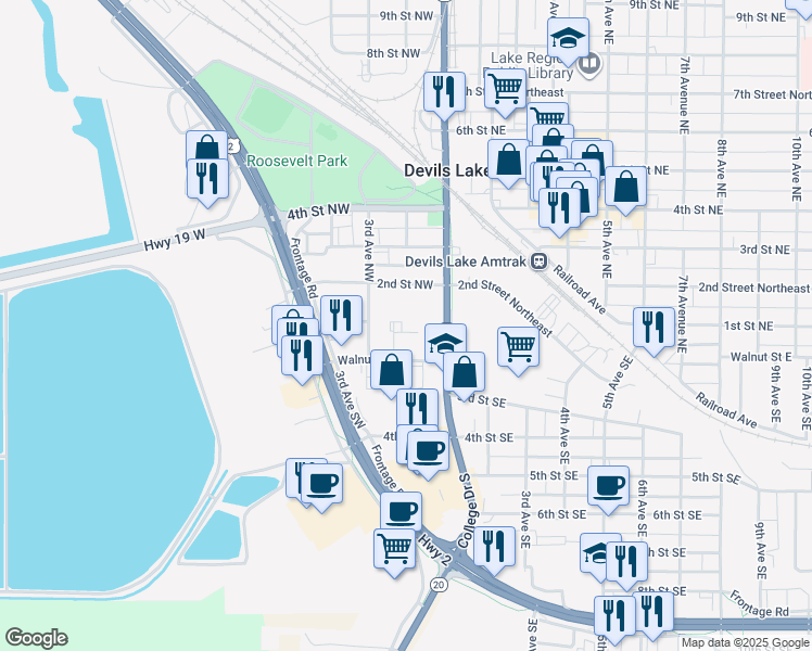 map of restaurants, bars, coffee shops, grocery stores, and more near 117 Walnut Street West in Devils Lake