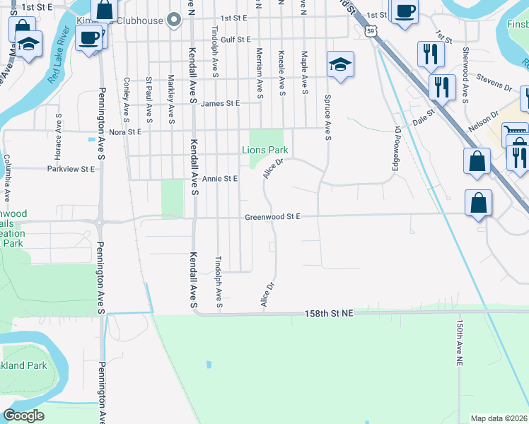 map of restaurants, bars, coffee shops, grocery stores, and more near 1006 Greenwood Street East in Thief River Falls
