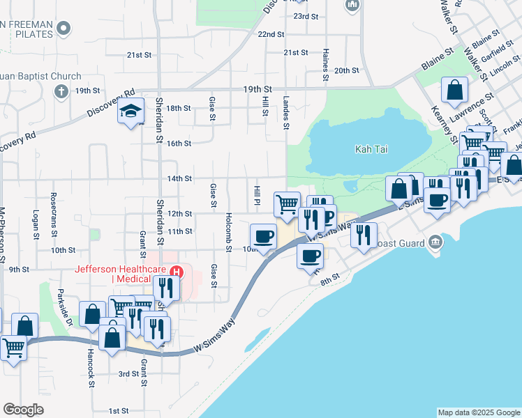 map of restaurants, bars, coffee shops, grocery stores, and more near 1335 Hill Street in Port Townsend