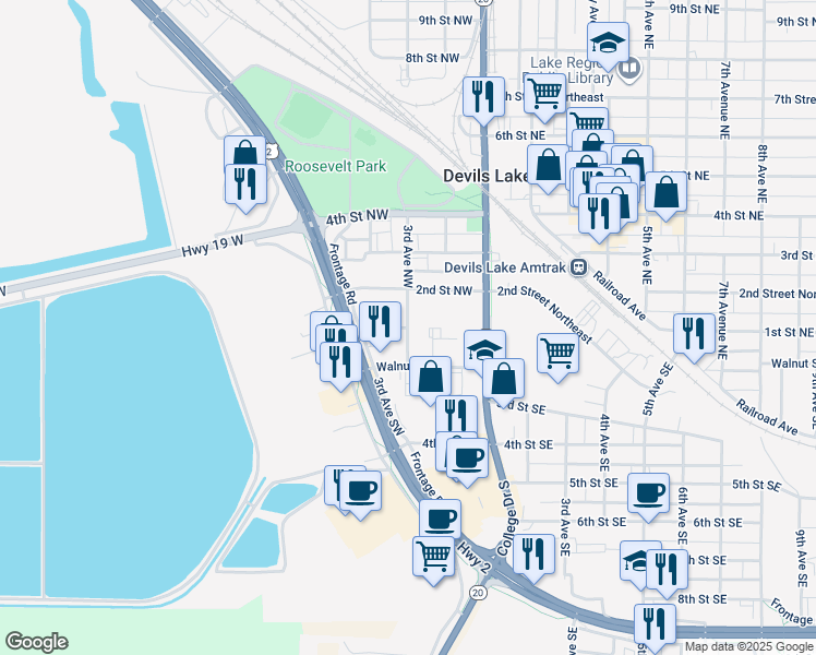 map of restaurants, bars, coffee shops, grocery stores, and more near 102 3rd Avenue Northwest in Devils Lake