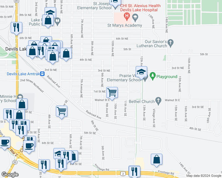 map of restaurants, bars, coffee shops, grocery stores, and more near 111 10th Avenue Northeast in Devils Lake