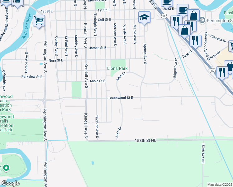 map of restaurants, bars, coffee shops, grocery stores, and more near 827 Alice Drive in Thief River Falls