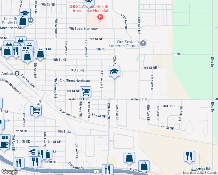 map of restaurants, bars, coffee shops, grocery stores, and more near 1124 2nd Street Northeast in Devils Lake