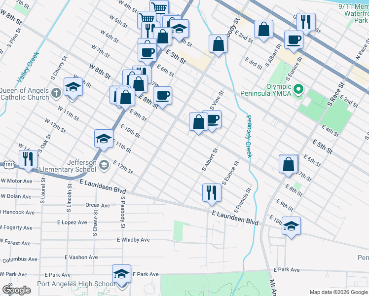 map of restaurants, bars, coffee shops, grocery stores, and more near 434 East 9th Street in Port Angeles