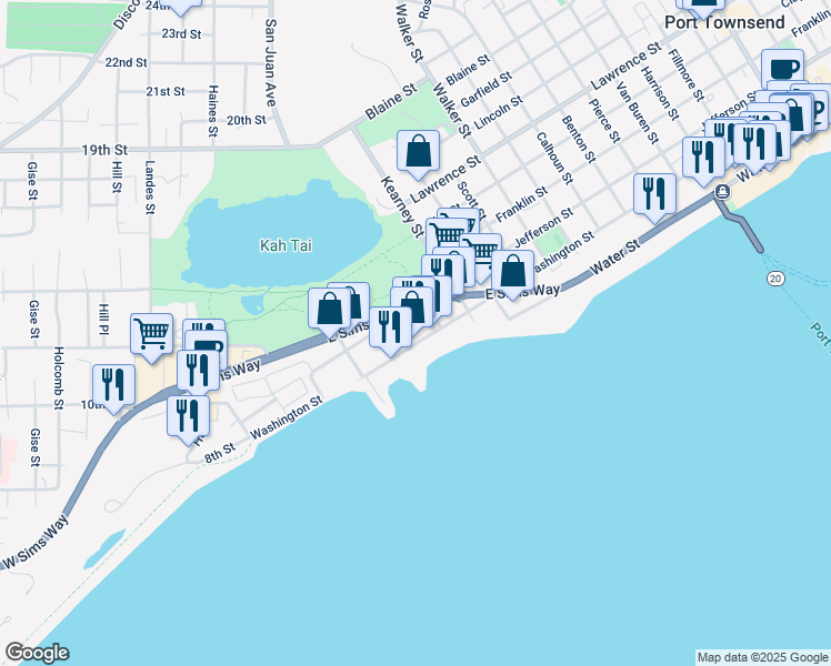 map of restaurants, bars, coffee shops, grocery stores, and more near 2313 East Sims Way in Port Townsend
