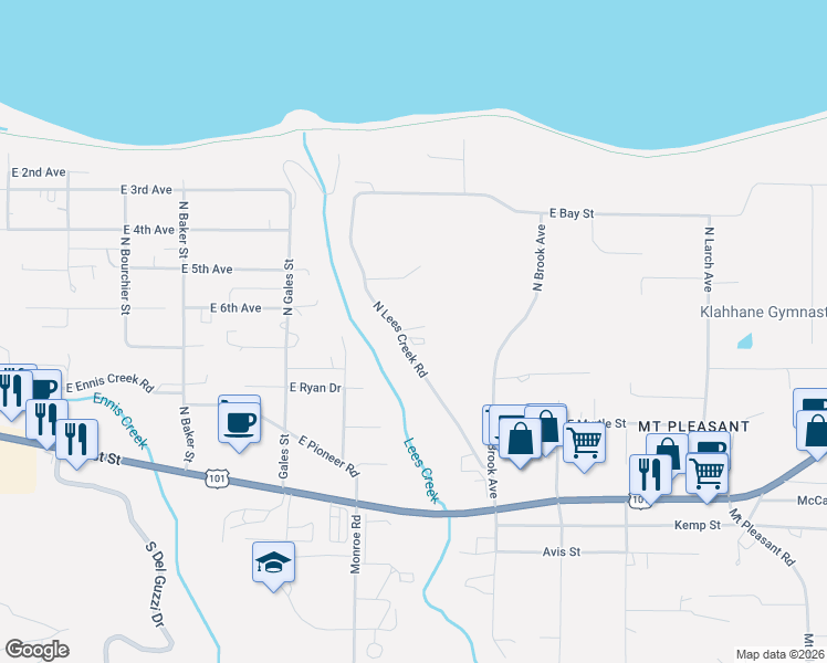 map of restaurants, bars, coffee shops, grocery stores, and more near 521 North Lees Creek Road in Port Angeles