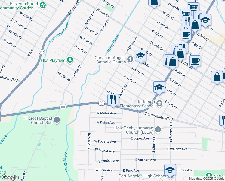 map of restaurants, bars, coffee shops, grocery stores, and more near 231 West 14th Street in Port Angeles