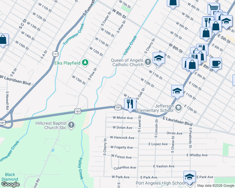 map of restaurants, bars, coffee shops, grocery stores, and more near 310 West 14th Street in Port Angeles