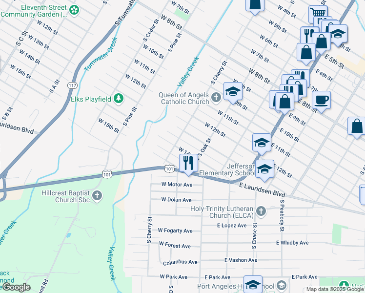 map of restaurants, bars, coffee shops, grocery stores, and more near 231 West 14th Street in Port Angeles