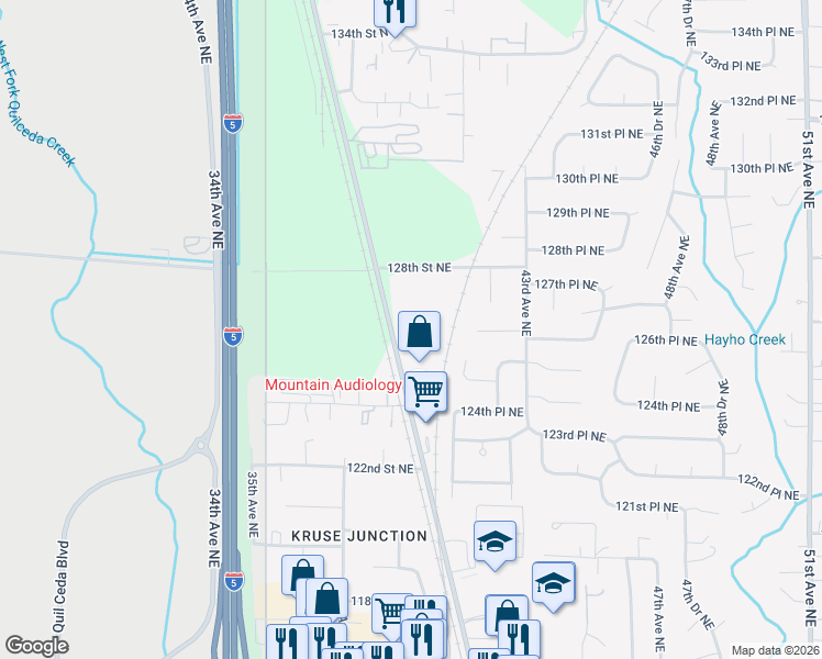 map of restaurants, bars, coffee shops, grocery stores, and more near 12603 Smokey Point Boulevard in Marysville
