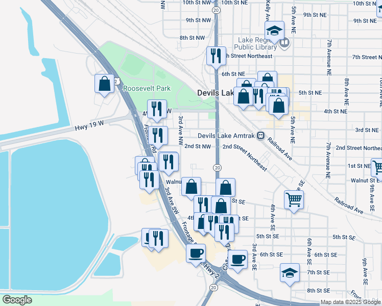map of restaurants, bars, coffee shops, grocery stores, and more near 100-102 3rd Avenue Northwest in Devils Lake