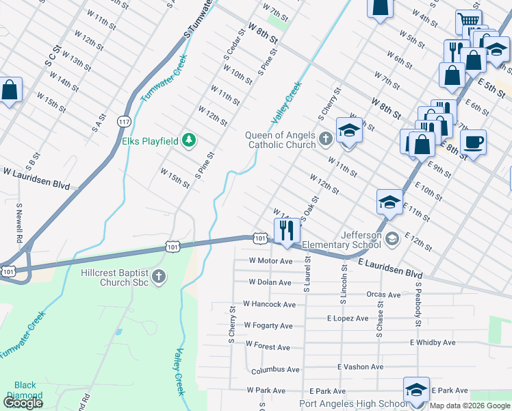 map of restaurants, bars, coffee shops, grocery stores, and more near 310 West 14th Street in Port Angeles