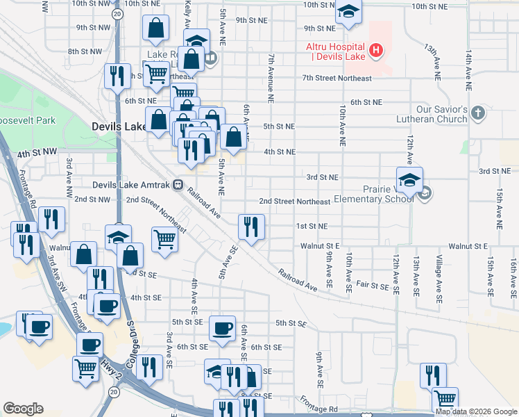 map of restaurants, bars, coffee shops, grocery stores, and more near 14 7th Avenue Northeast in Devils Lake