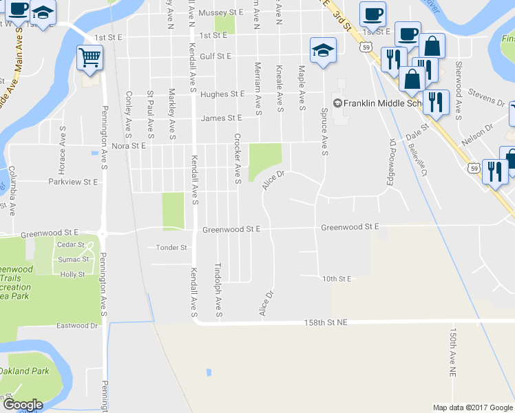 map of restaurants, bars, coffee shops, grocery stores, and more near 827 Alice Drive in Thief River Falls