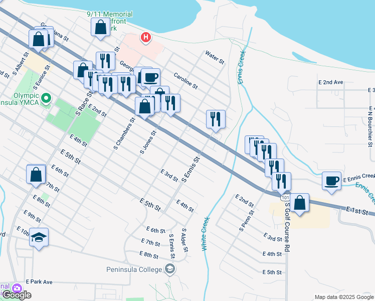 map of restaurants, bars, coffee shops, grocery stores, and more near 1320 East 1st Street in Port Angeles