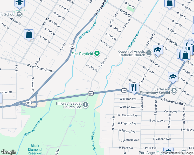 map of restaurants, bars, coffee shops, grocery stores, and more near 1515 South Pine Street in Port Angeles