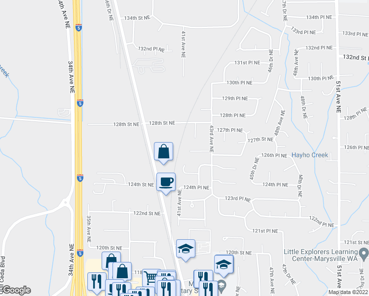map of restaurants, bars, coffee shops, grocery stores, and more near 4105 126th Place Northeast in Marysville