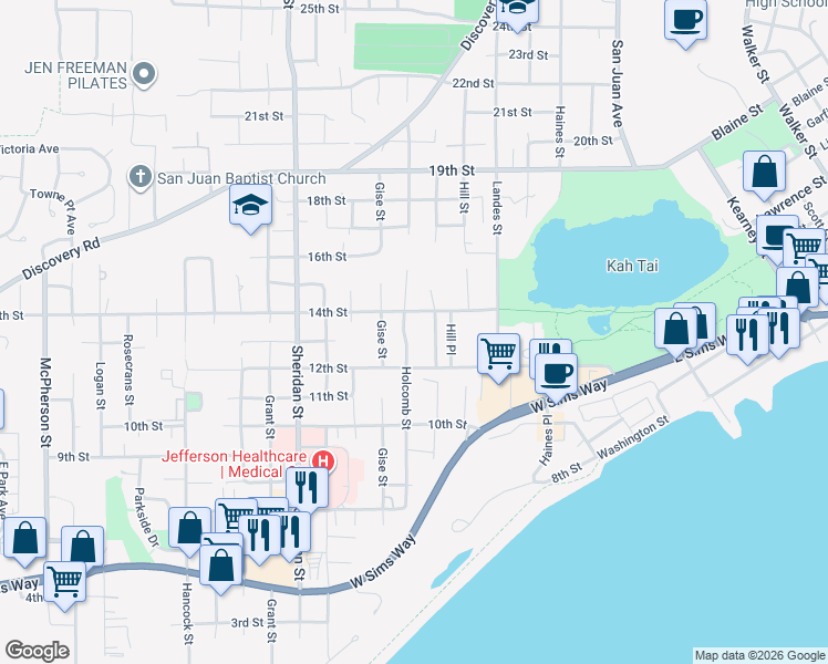map of restaurants, bars, coffee shops, grocery stores, and more near 1323 Jackman Street in Port Townsend