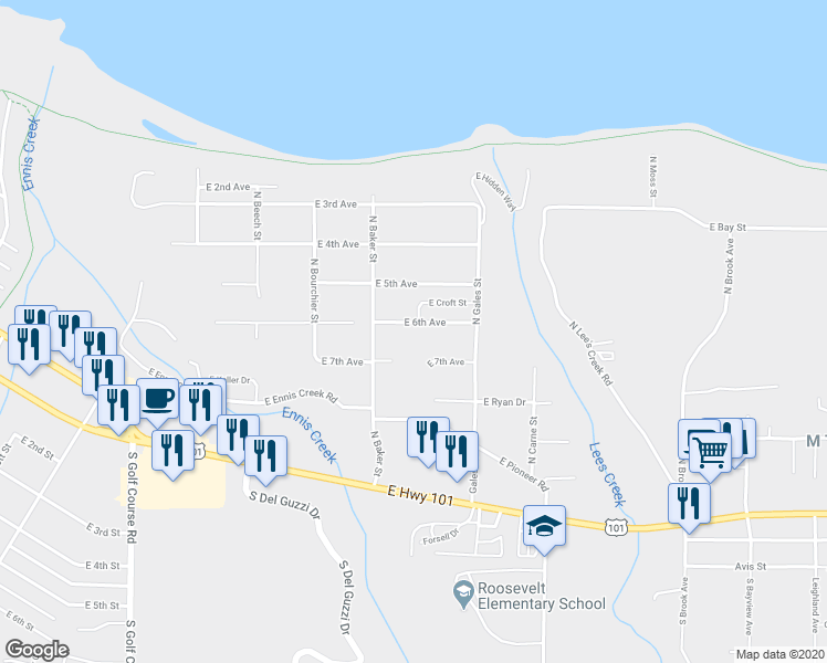 map of restaurants, bars, coffee shops, grocery stores, and more near 2334 East 6th Avenue in Port Angeles