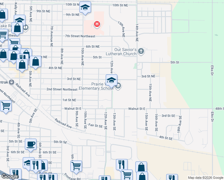 map of restaurants, bars, coffee shops, grocery stores, and more near 200 12th Avenue Northeast in Devils Lake