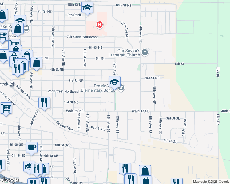 map of restaurants, bars, coffee shops, grocery stores, and more near 200 12th Avenue Northeast in Devils Lake