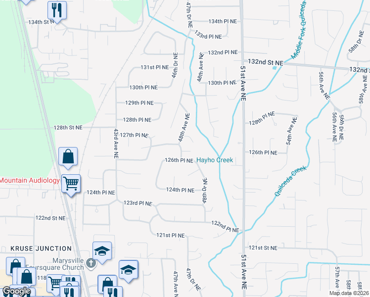 map of restaurants, bars, coffee shops, grocery stores, and more near 12631 48th Avenue Northeast in Marysville