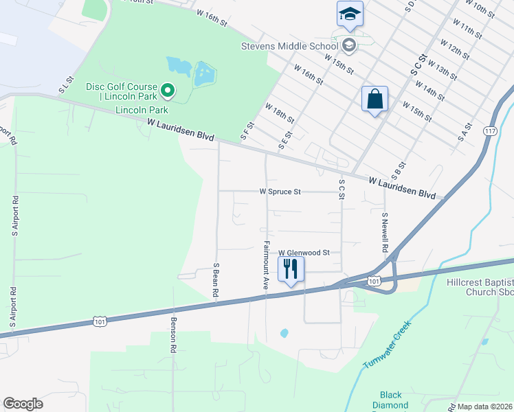 map of restaurants, bars, coffee shops, grocery stores, and more near 4102 South Fairmont Avenue in Port Angeles