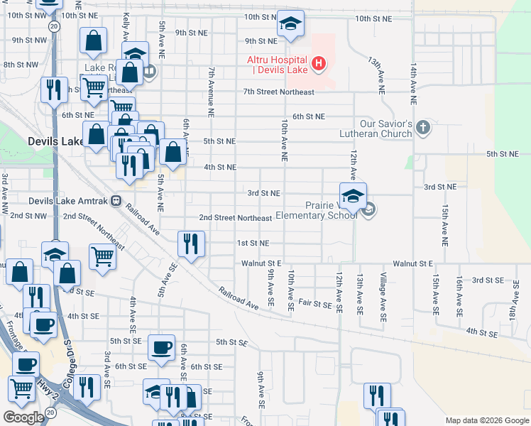 map of restaurants, bars, coffee shops, grocery stores, and more near 824 2nd Street Northeast in Devils Lake